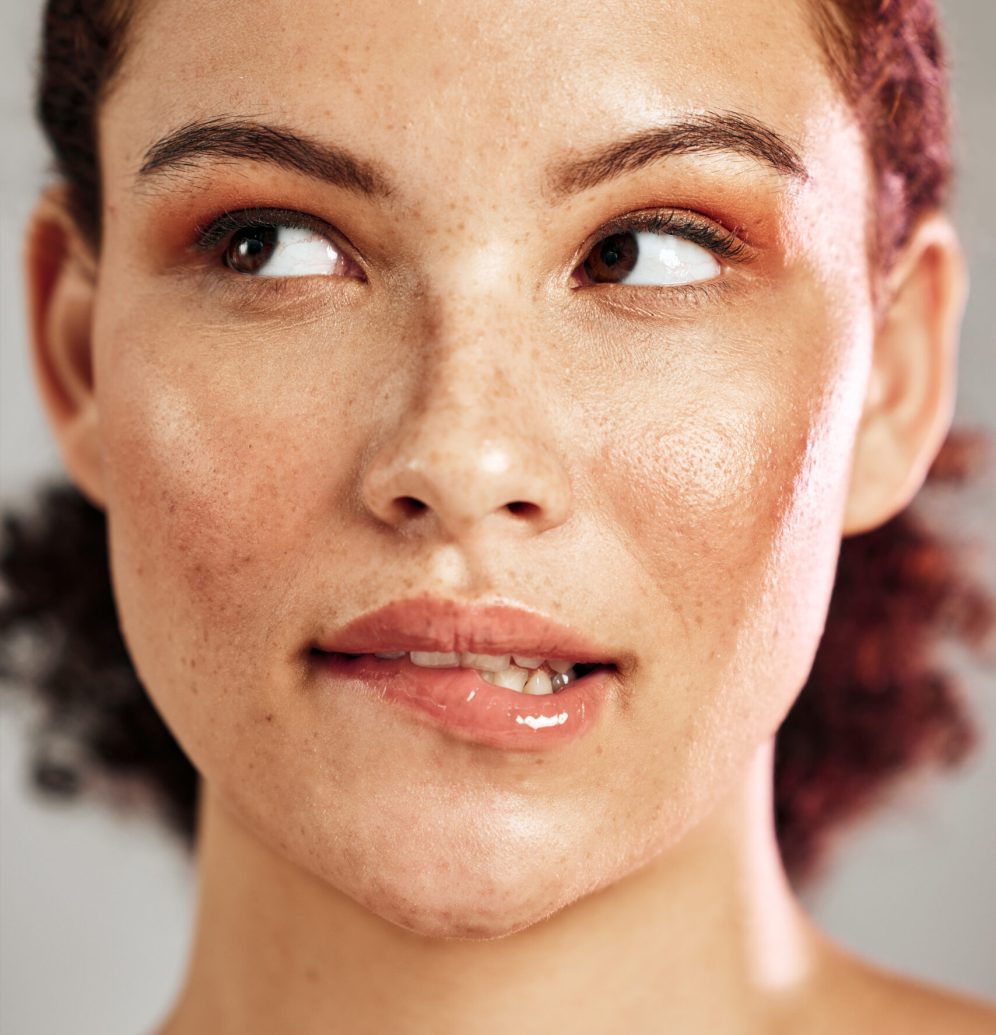 Beauty, thinking and woman in studio for makeup, self care and cosmetics, content and calm. Contemp.